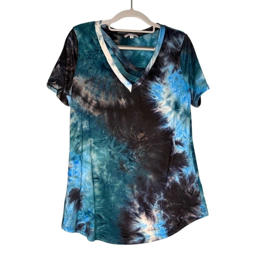 White Birch blue and black tie die super soft strappy tshirt